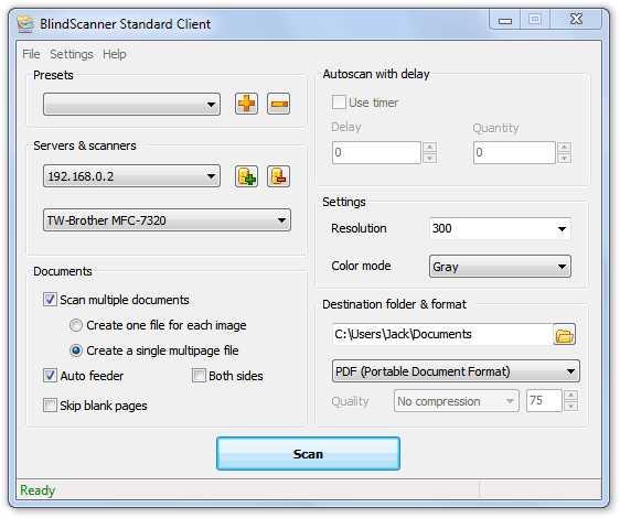 BlindScanner Standard allows using remote scanner through the network